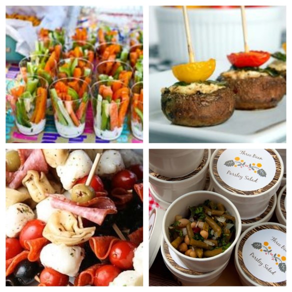 veggie cups, skewered snacks and salads